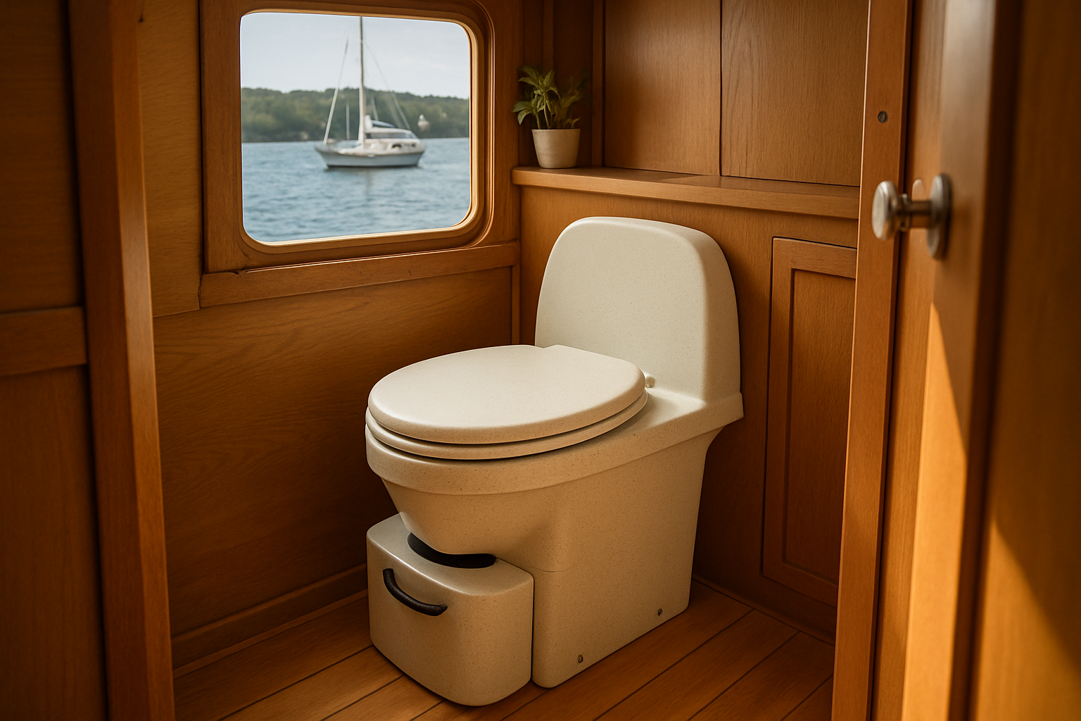 Moderne Trenntoilette in einer kompakten Bootskabine mit maritimem Design