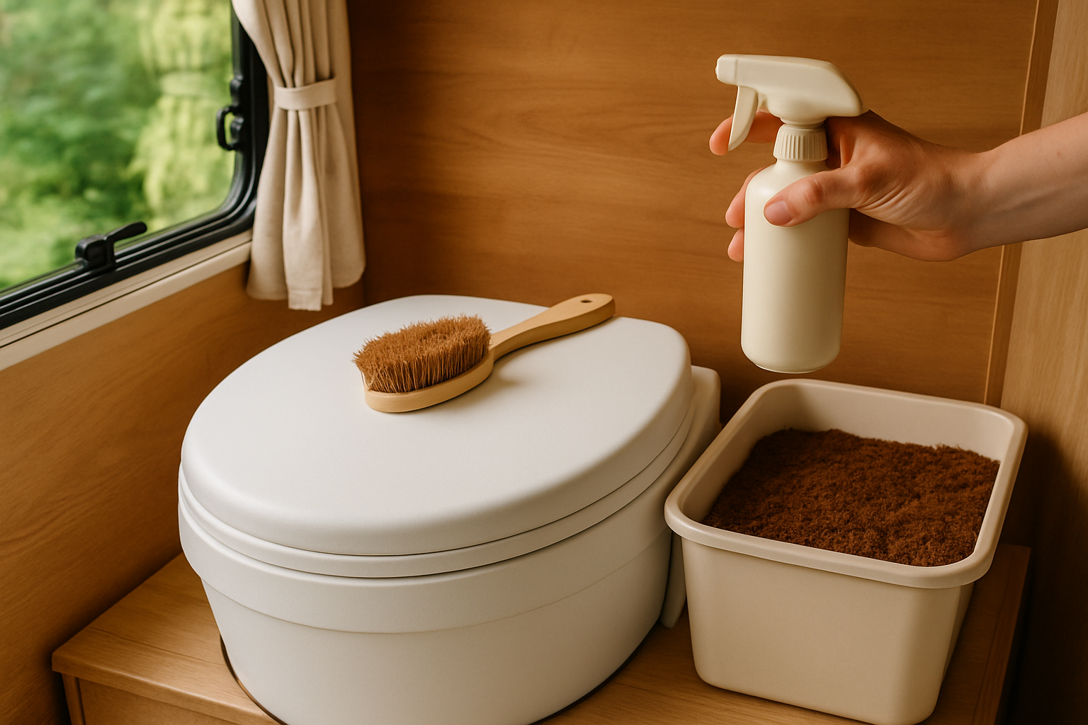 Saubere und geruchsfreie Trenntoilette mit Streugut und Reinigungsmitteln