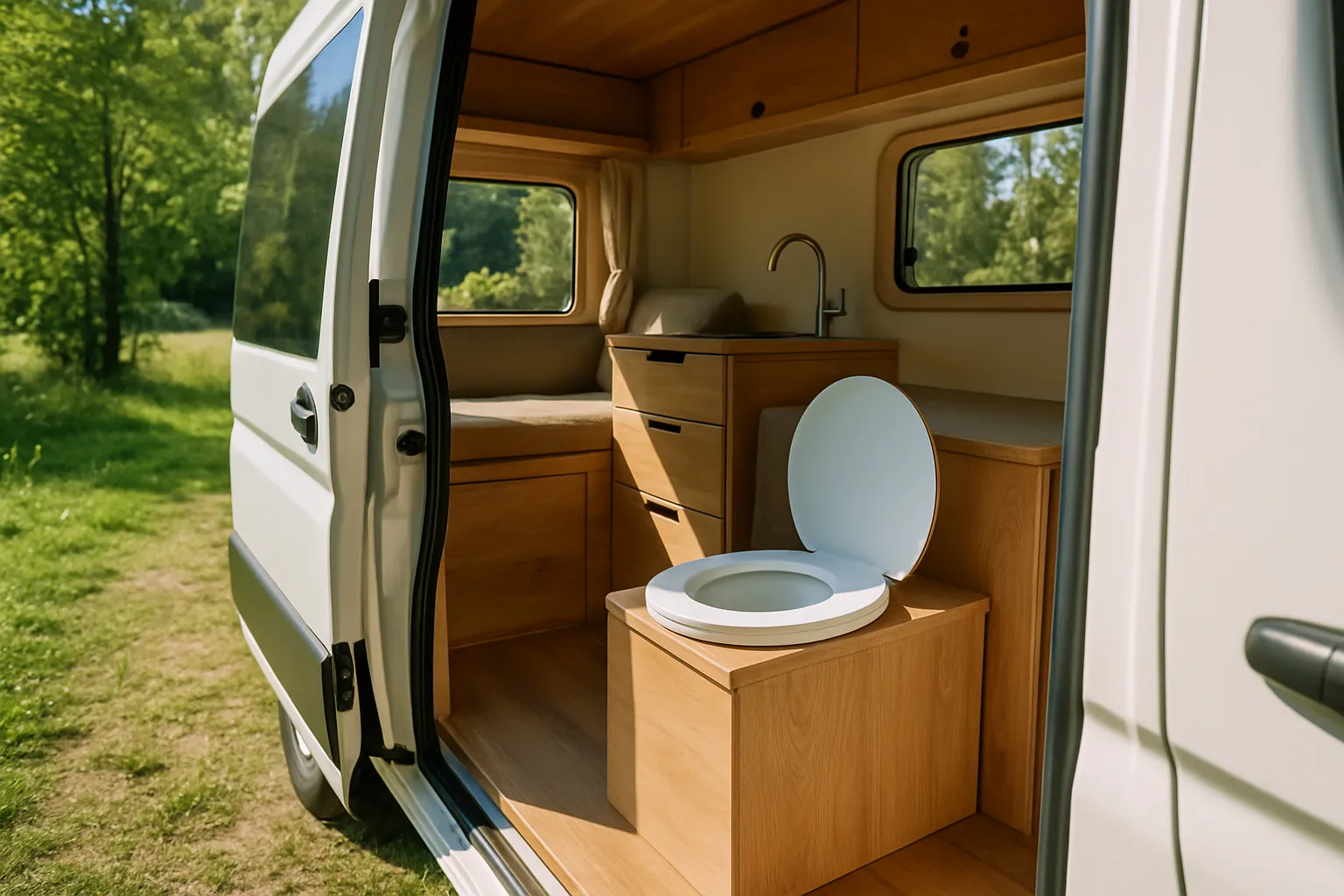 Platzsparende Trenntoilette perfekt integriert in einem ausgebauten Kastenwagen