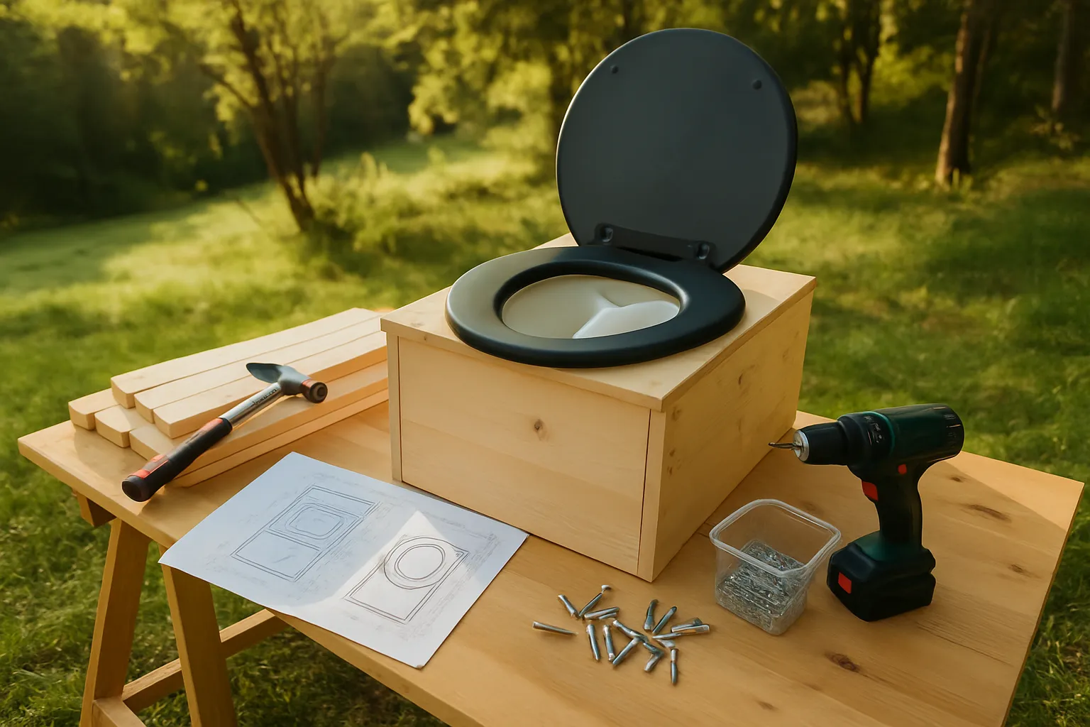 Selbstgebaute Trenntoilette aus Holz mit geöffnetem Deckel