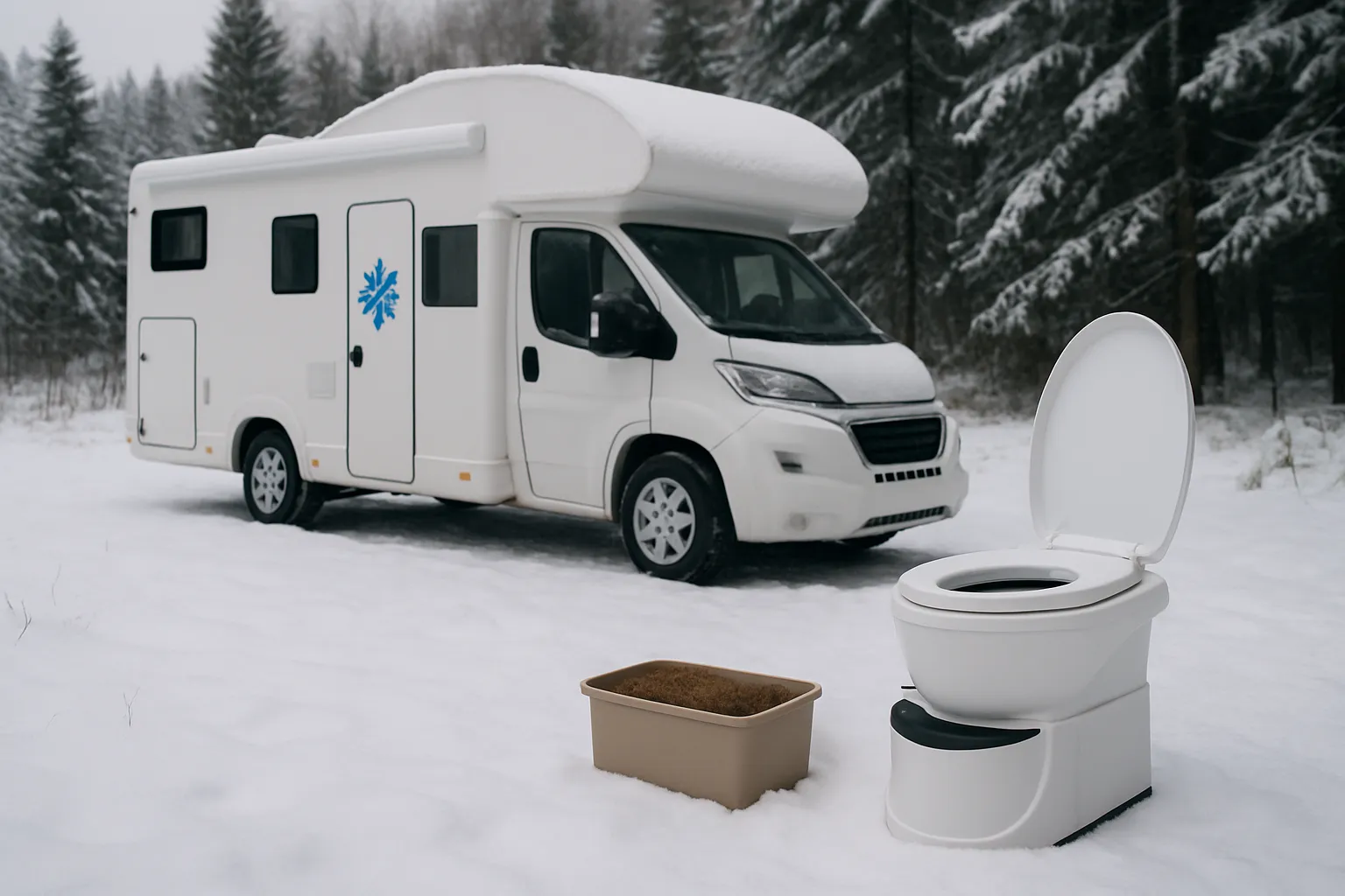 Trenntoilette im verschneiten Wohnmobil bei Wintercamping